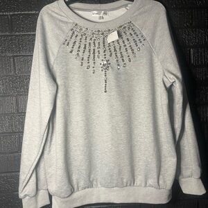 Chic Embellished Gray Crewneck Sweater